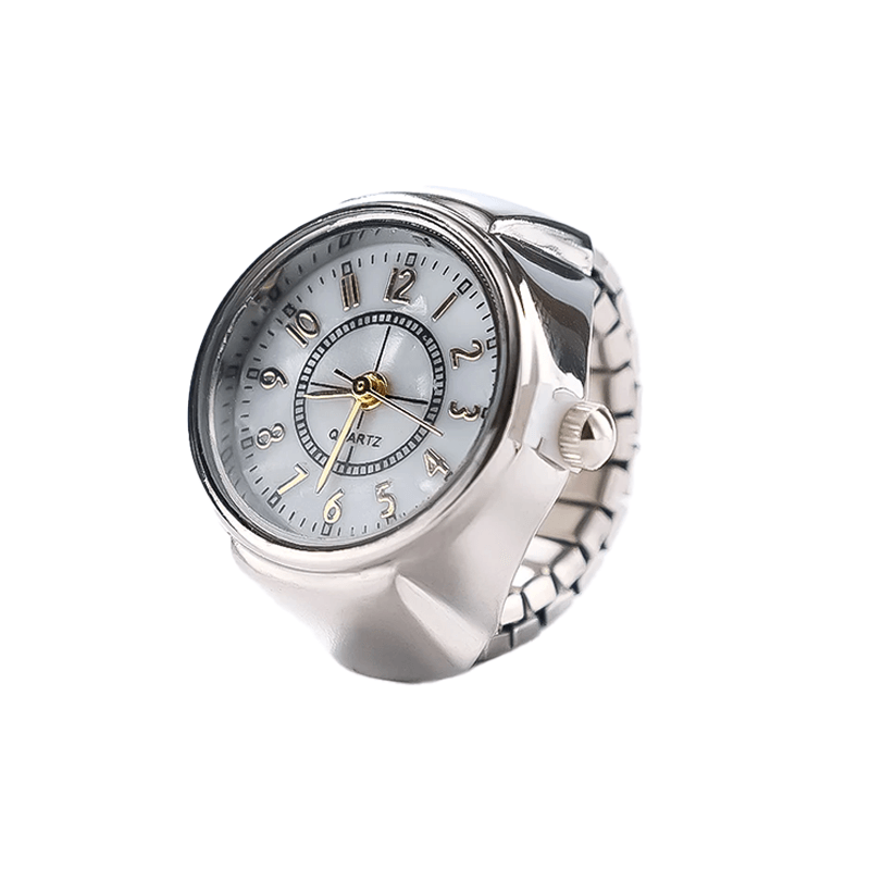 a round silver sleek ring watch on a white background