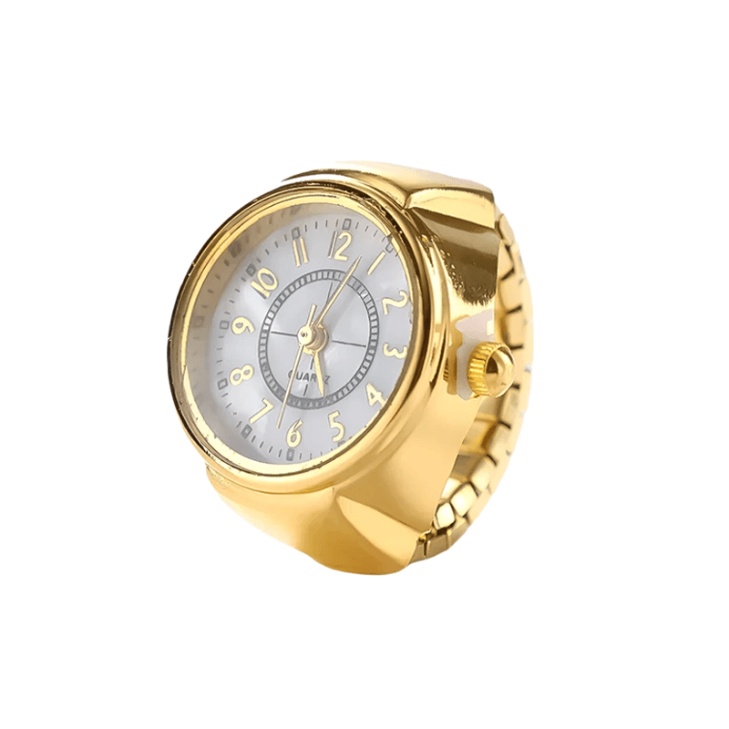 a gold round ring watch on a white background