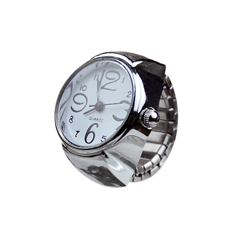 a silver round ring watch on a white background